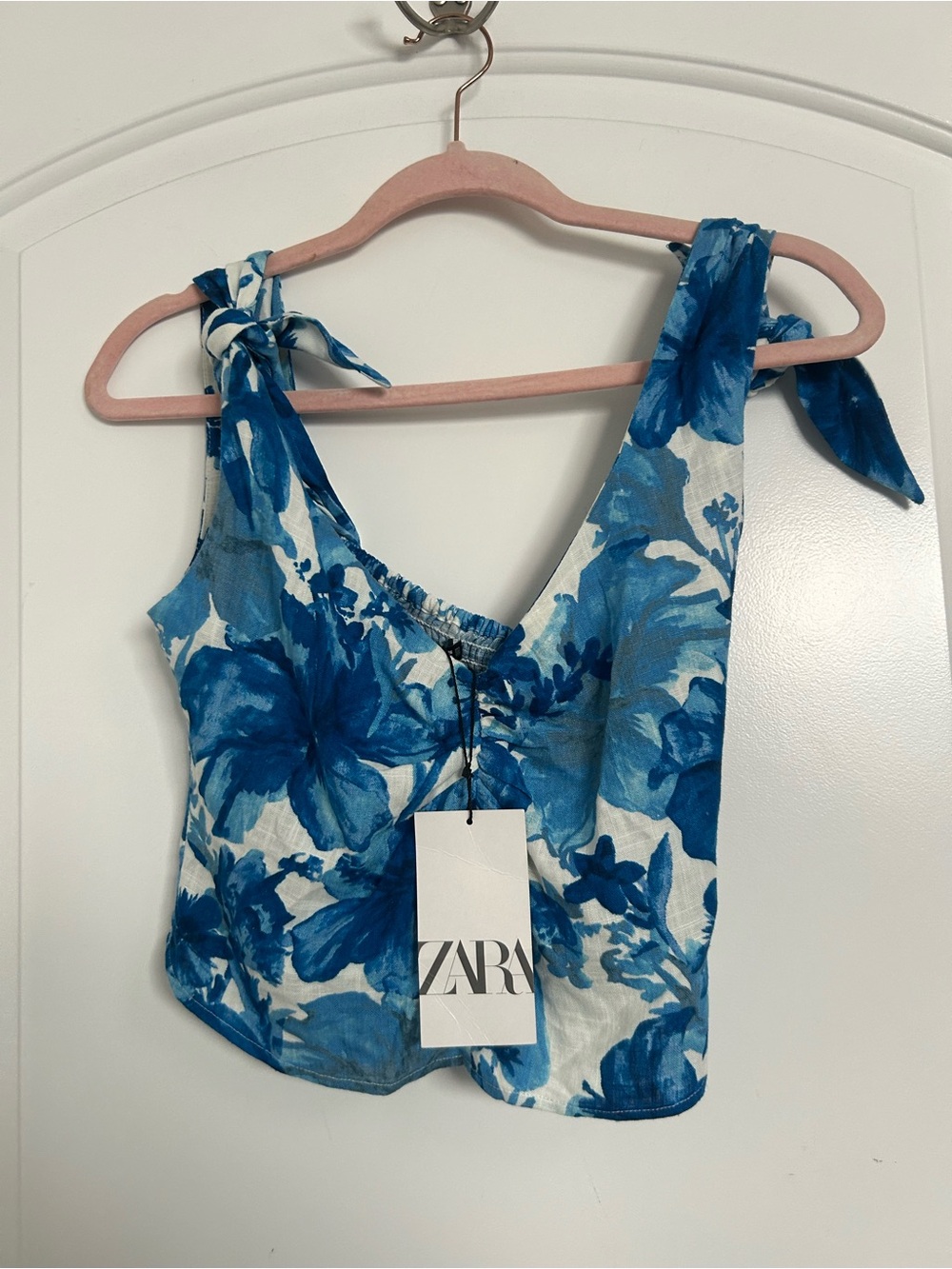 ZARA Blue Floral Print Tie Shoulder Top Linen Blend Size S NWT beach chic boho